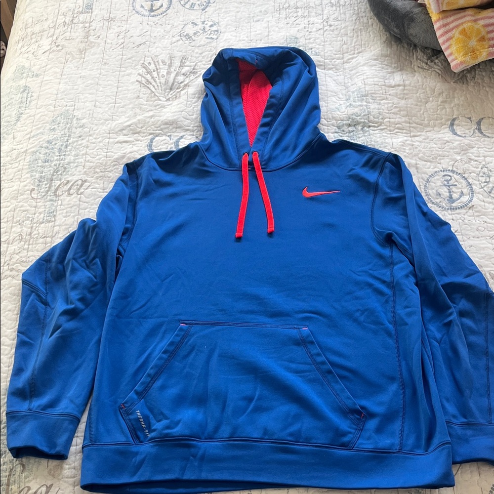 Nike Men's Therma-Fit Royal Blue Hoodie with Neon Orange Accents